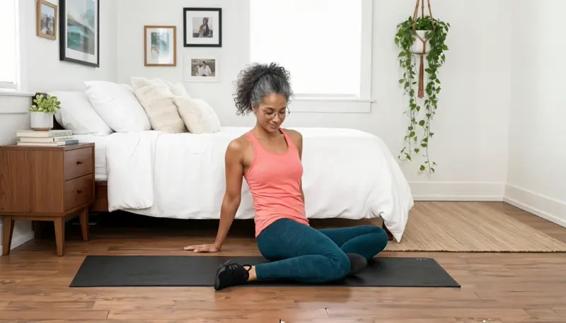 Woman seated on a mat performing a 90 90 hip switch with knees bent and rotating side to side to improve hip mobility