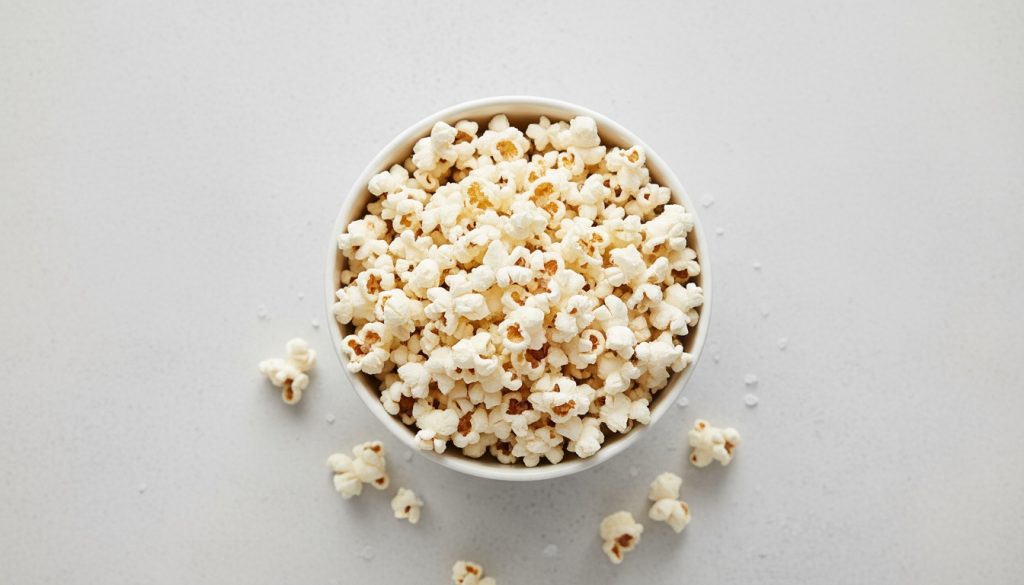 Overhead photo of plain air-popped popcorn in a bowl on a light background.