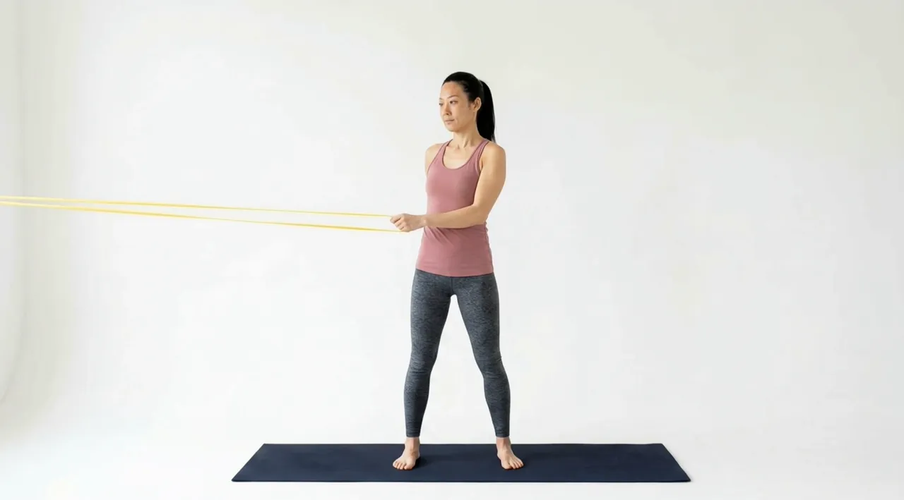 Looping video demonstration of the Banded External Shoulder Rotation exercise — a physician-designed resistance-band movement performed on a mat in a bright studio.