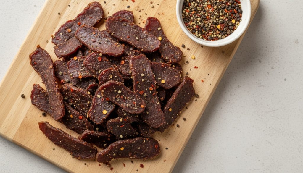 Flat-lay photo of sliced beef jerky with visible seasoning on a light background.