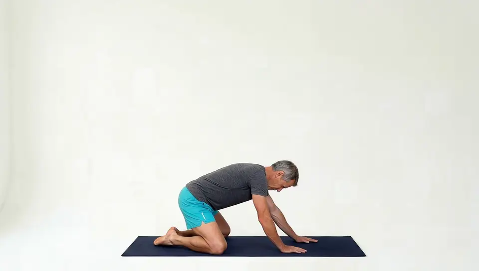 Child's pose, kneeling and sitting the hips back toward the heels with arms reaching forward to stretch the lower back