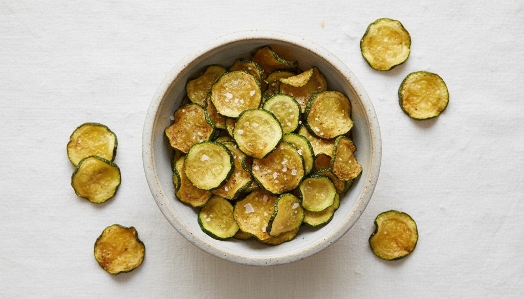 Overhead photo of crispy baked zucchini chips with sea salt on a light background.