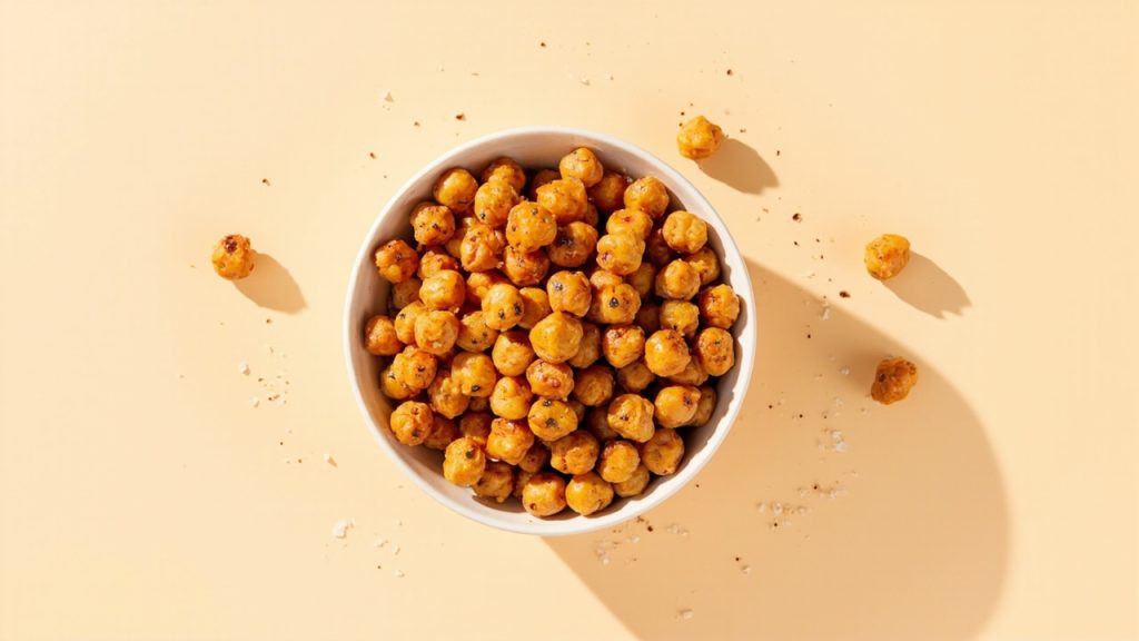 Overhead photo of golden roasted chickpeas with sea salt and paprika on a light background.