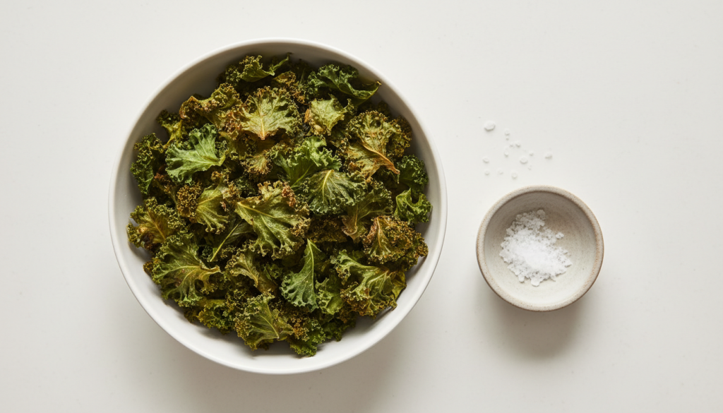 Flat-lay photo of baked kale chips in a ceramic bowl with sea salt.
