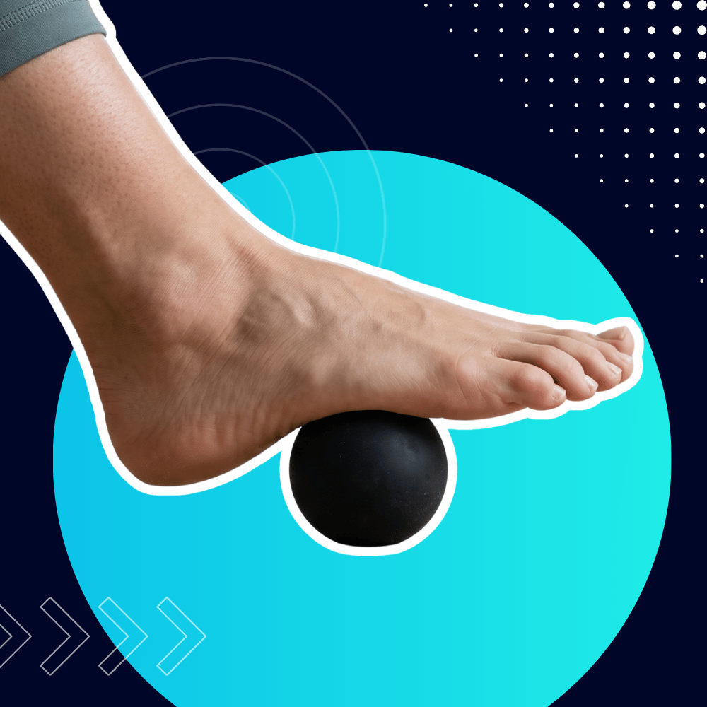 Bare foot balancing on a small black ball over a bright turquoise circle on a dark navy background.
