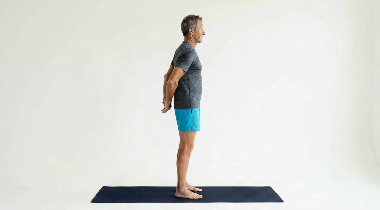 Older man in a gray t-shirt and blue shorts stands on a yoga mat, hands clasped behind his back for a chest-opening stretch.