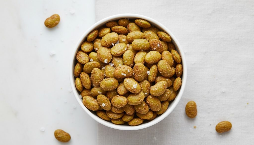Overhead photo of roasted shelled edamame beans with sea salt in a white bowl.