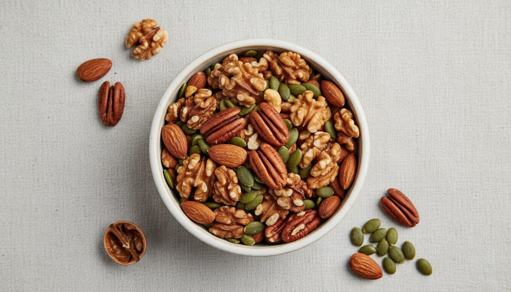 Overhead photo of mixed nuts and pumpkin seeds in a small bowl on a light background.