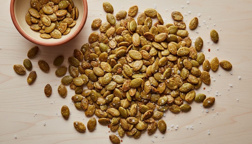 Flat-lay photo of roasted pumpkin seeds with sea salt on a light background.