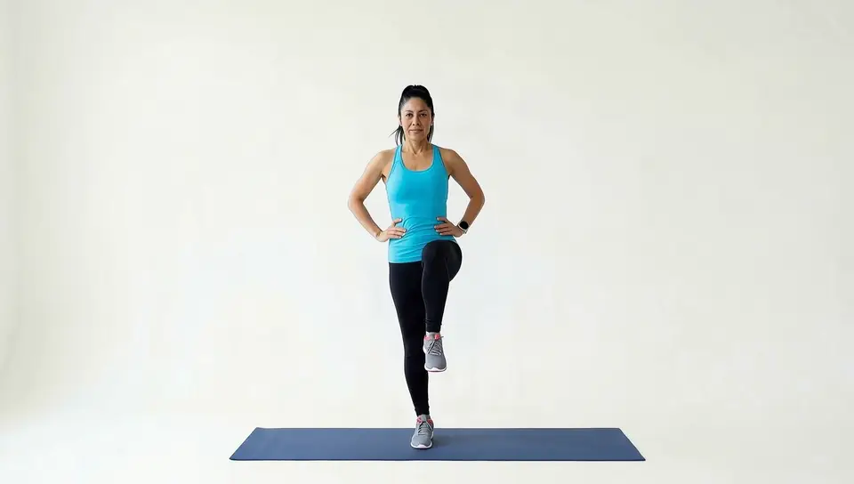 Standing hip rotations, standing on one leg with hands on hips and circling the lifted knee to loosen stiff hips
