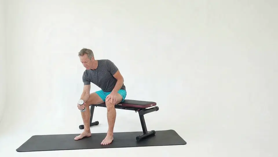 Wrist radial deviation handshake exercise, lifting a dumbbell thumb-side up with the forearm supported
