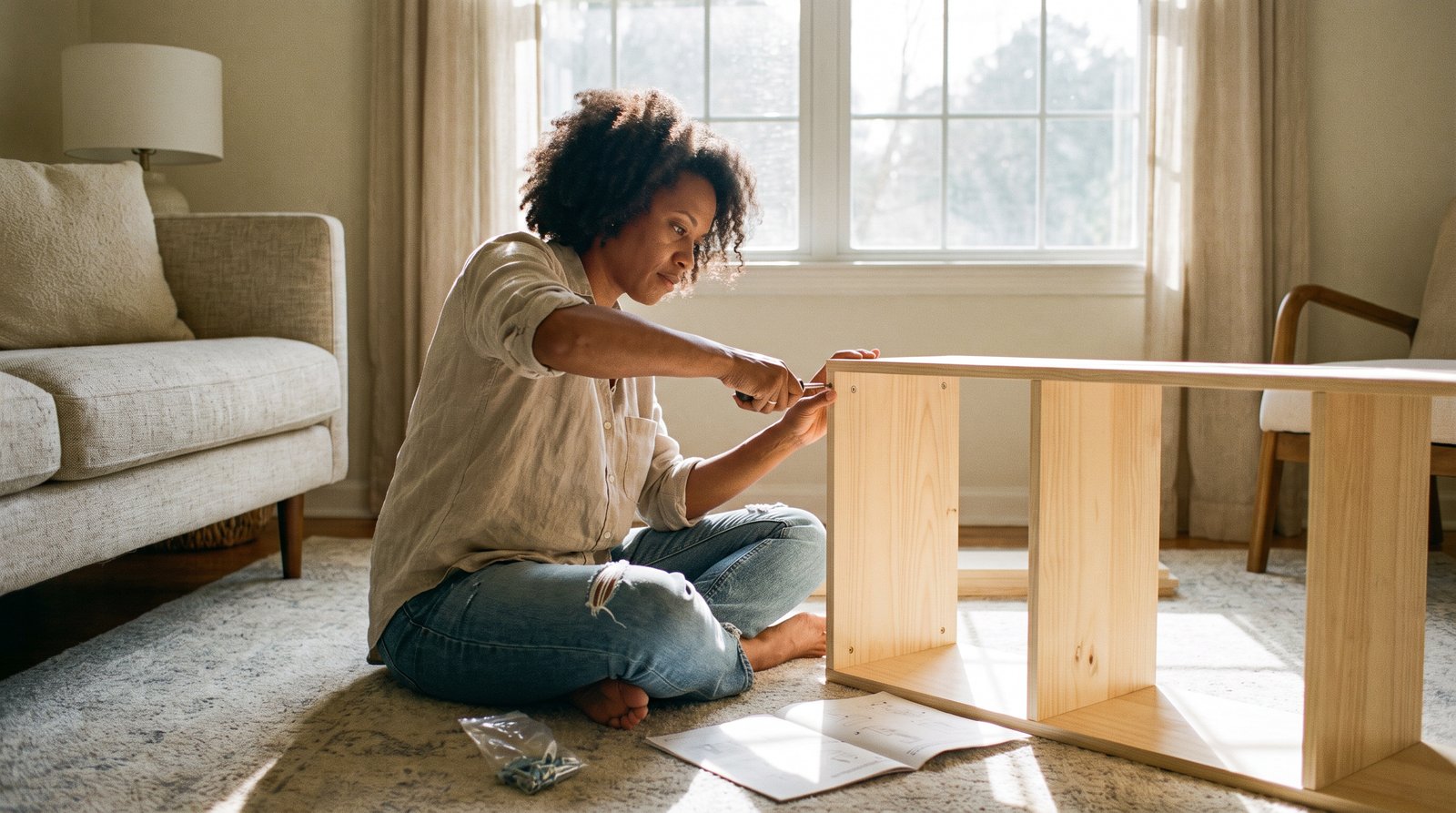 Woman sitting on a living room floor driving a screw into flat-pack furniture with a hand screwdriver, a common repetitive-grip task linked to tennis elbow