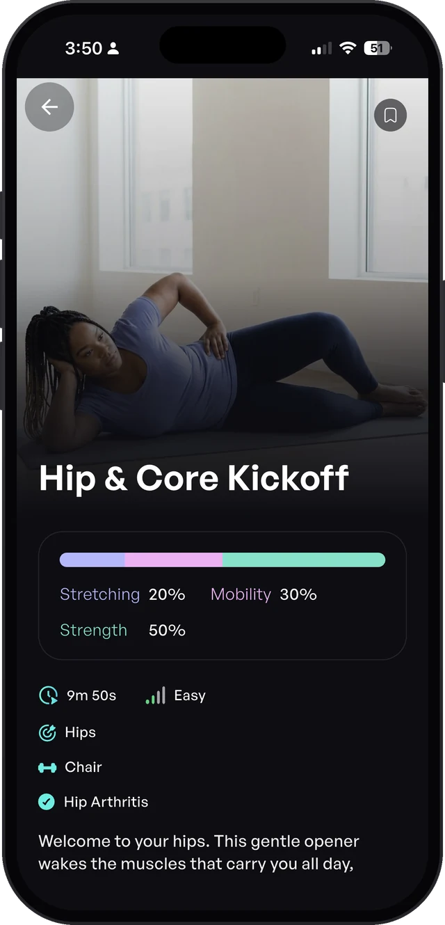 Hip & Core Kickoff workout screen in the Sporty Doctor app showing stretching, mobility and strength mix
