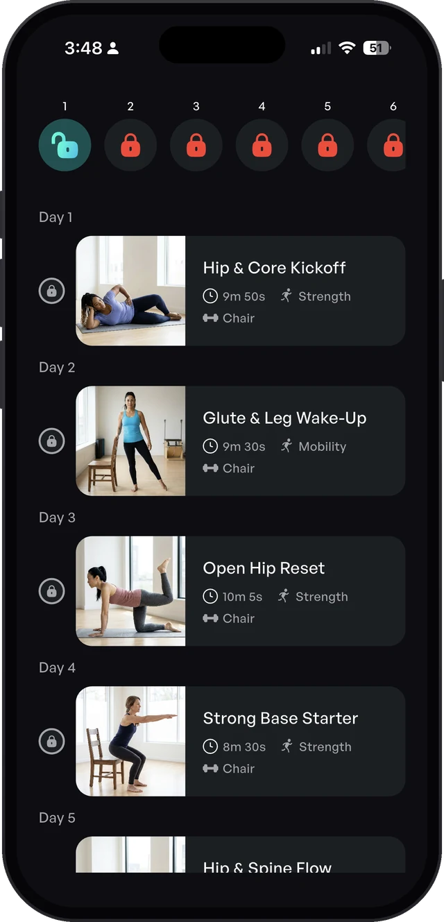 Strong & Steady Hips Week 1 schedule in the Sporty Doctor app with daily hip and core workouts