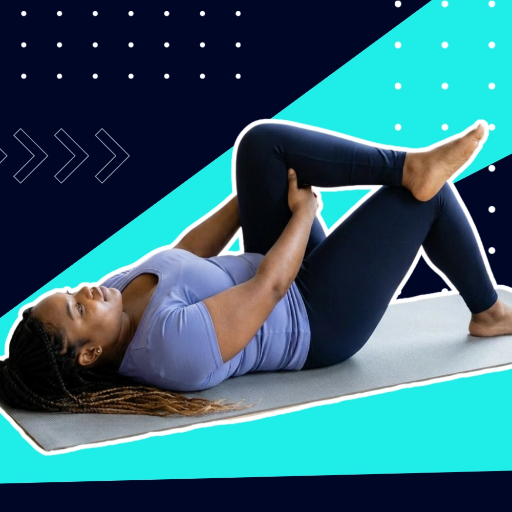 Woman lying on a yoga mat doing a figure four stretch for lower back stiffness, one ankle crossed over the opposite knee, on a navy and cyan Sporty Doctor graphic