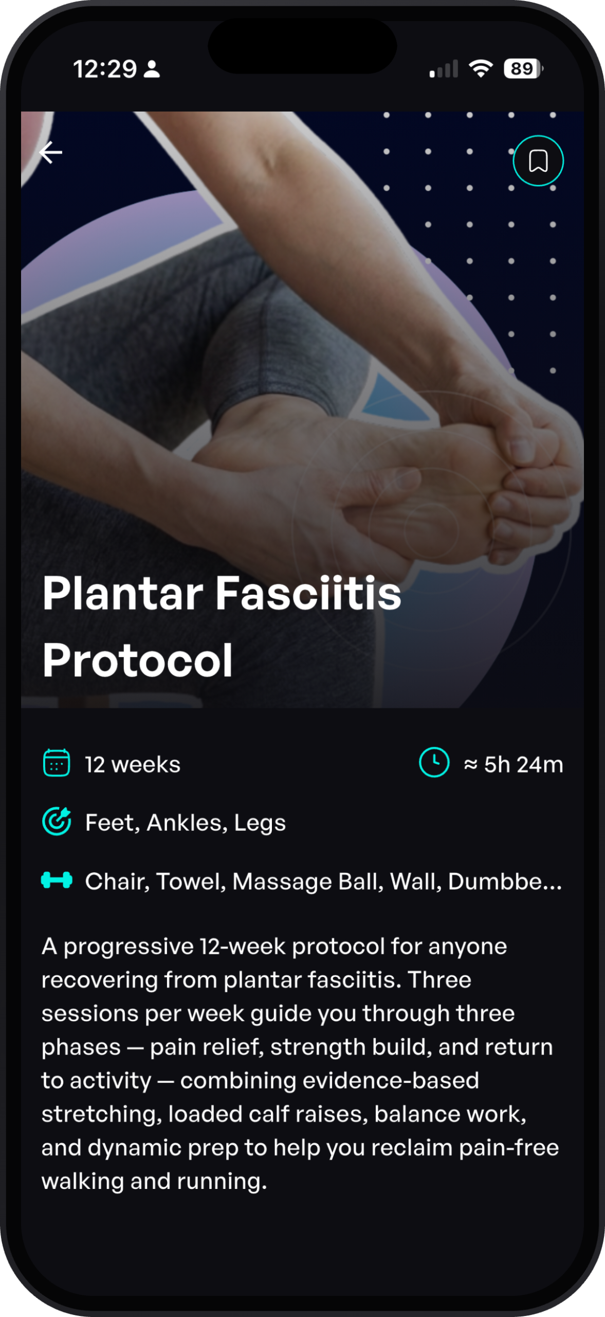 Sporty Doctor app screen showing the 12-week Plantar Fasciitis Protocol program overview