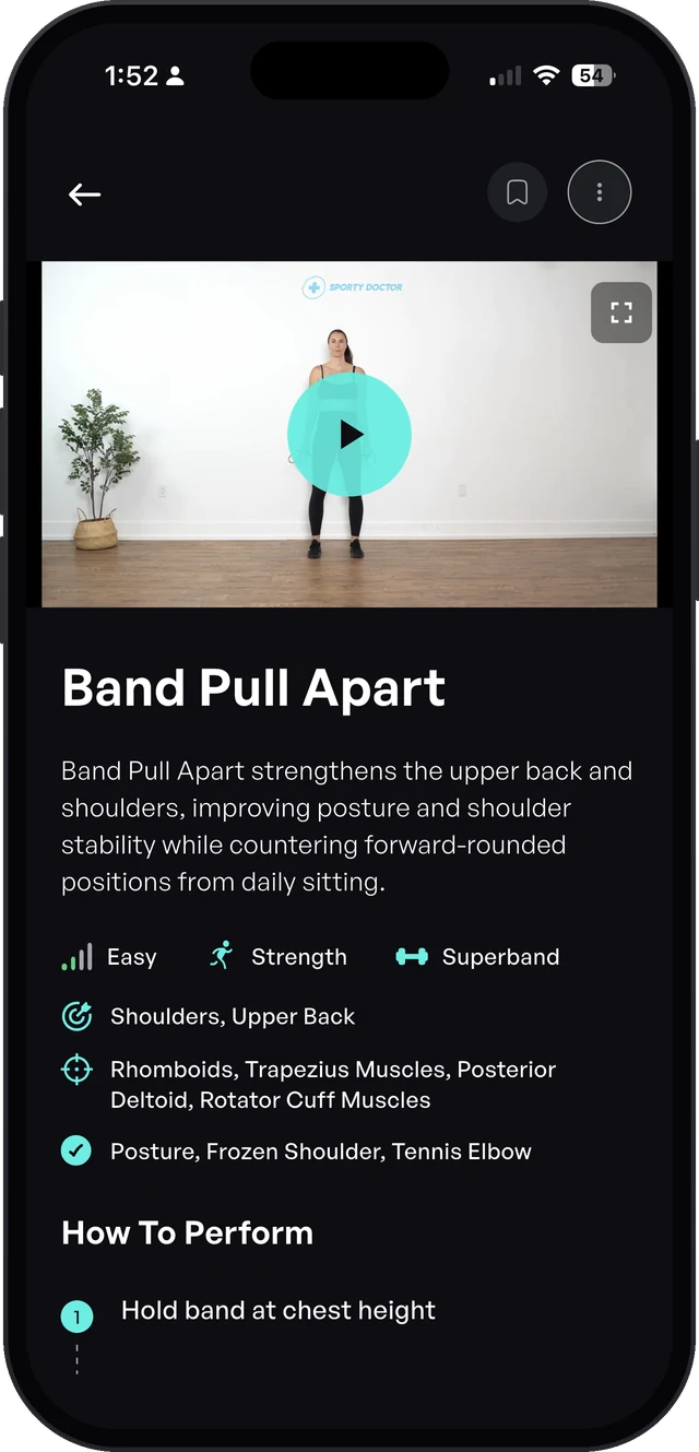 Band Pull Apart exercise screen in the Sporty Doctor app with video demo, target muscles and step-by-step instructions