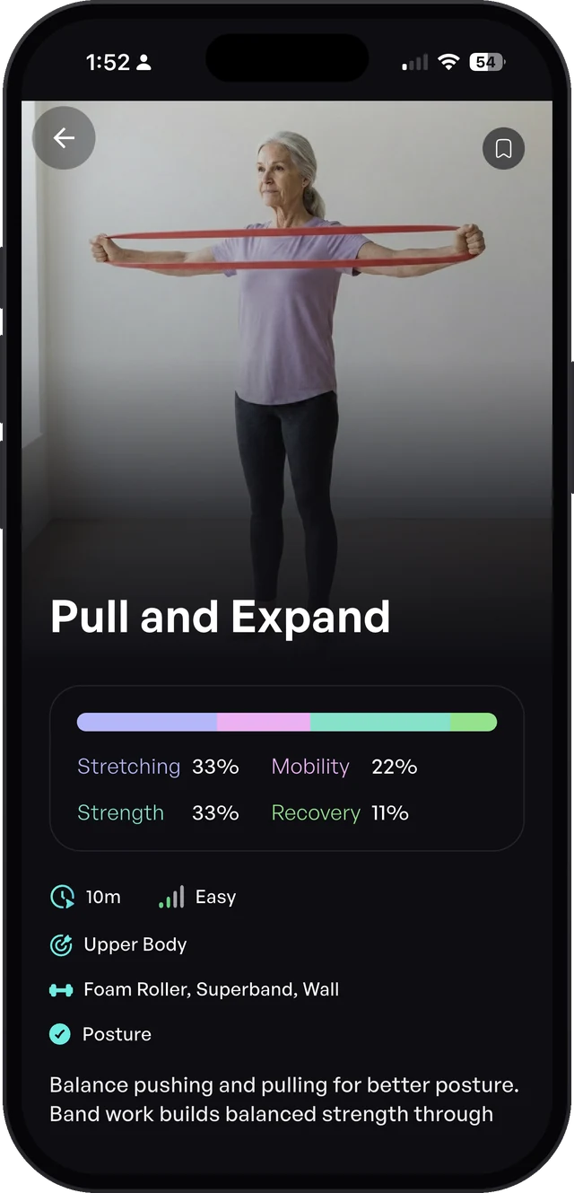 Pull and Expand posture workout screen in the Sporty Doctor app showing stretching, mobility, strength and recovery mix