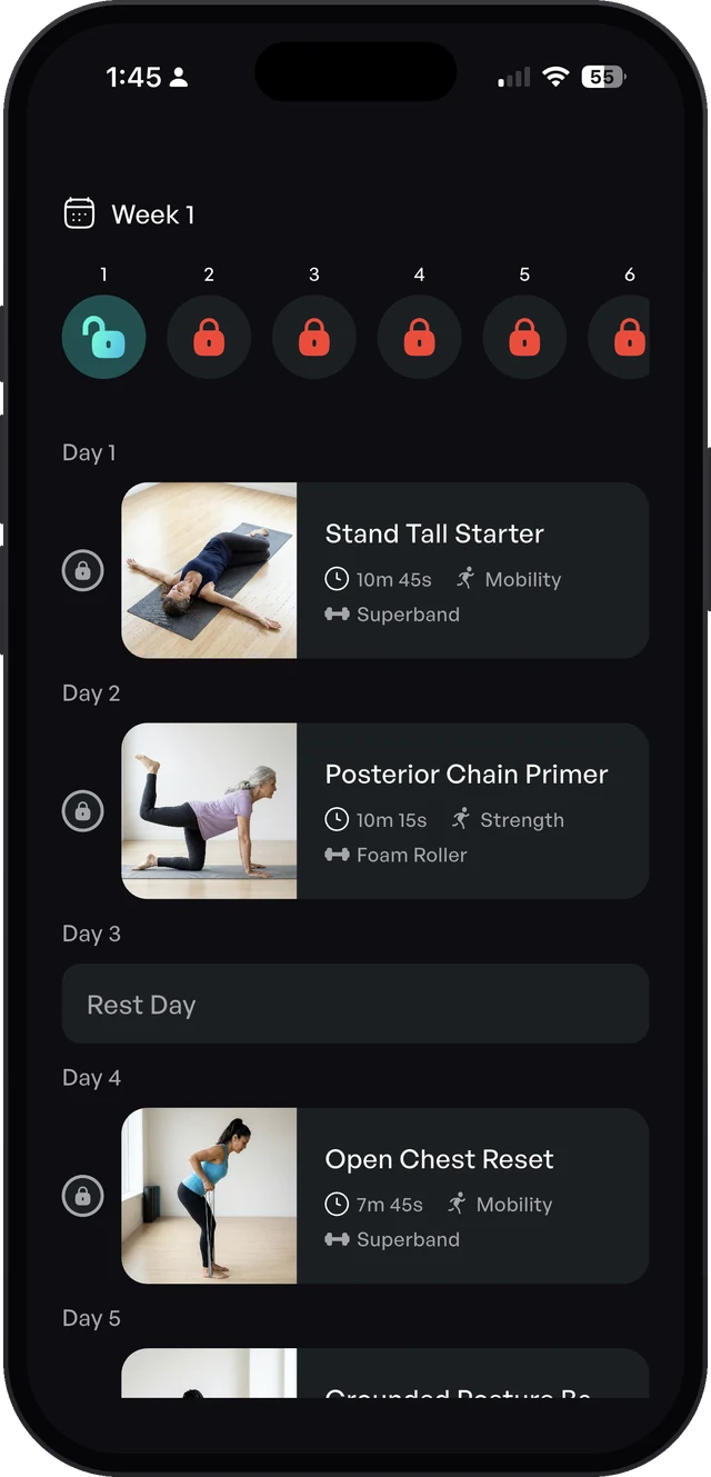 Posture Power program Week 1 schedule in the Sporty Doctor app with daily workouts and a rest day