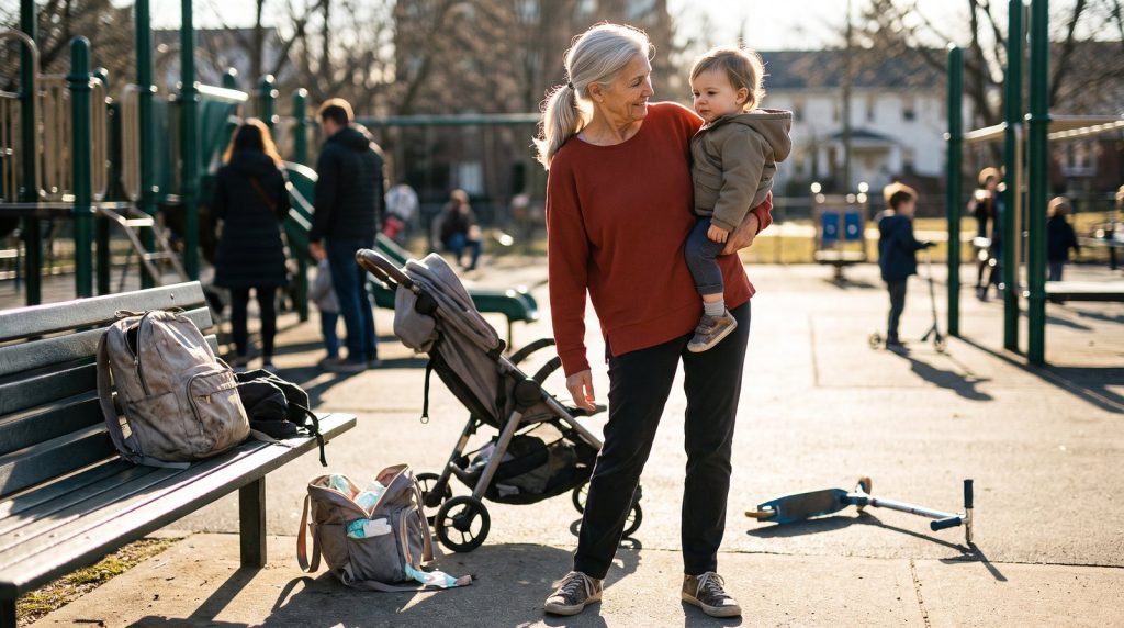 Woman in her sixties carrying her grandchild on one hip at a playground, a habit that loads one SI joint