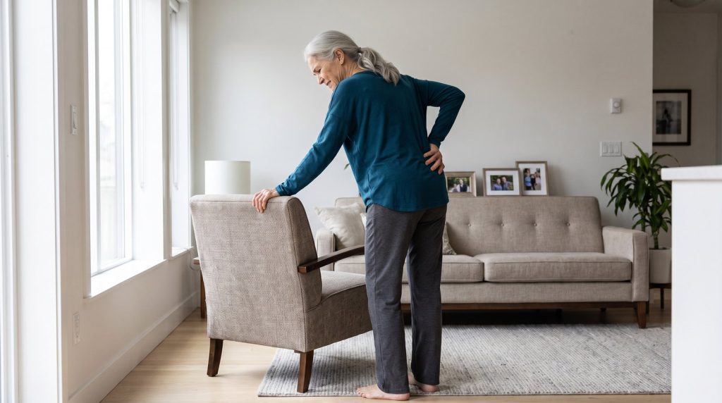 Woman in her sixties steadying herself on a chair and pressing one hand into her sacroiliac joint