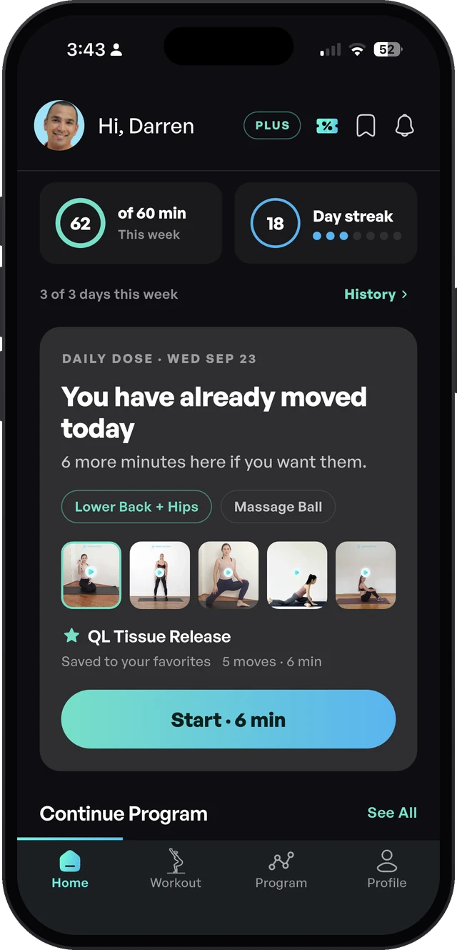 Sporty Doctor app home screen with weekly minutes, day streak and a 6-minute Daily Dose workout