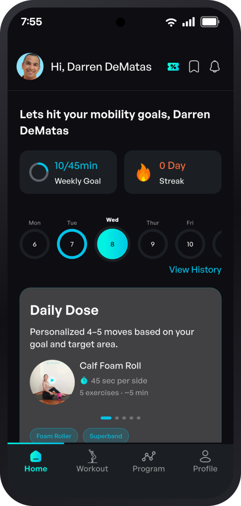 Dashboard screen: greeting bar with user photo, goals and alerts, and a weekly goal and streak cards, date pills, then a Daily Dose card with exercise details, plus bottom navigation (Home, Workout, Program, Profile).