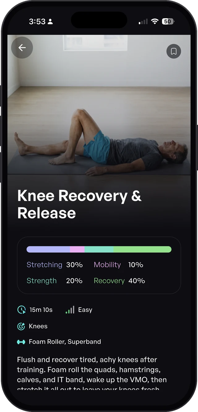 Knee Recovery & Release workout screen in the Sporty Doctor app with foam roller and superband