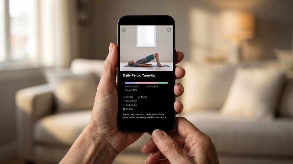 Hands holding a phone showing the Sporty Doctor app Daily Pelvic Tune-Up, a five minute SI joint workout