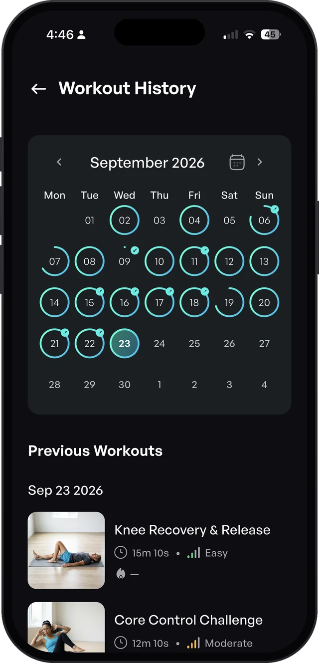 Sporty Doctor app Workout History screen with a monthly calendar of completed workouts and a list of previous sessions