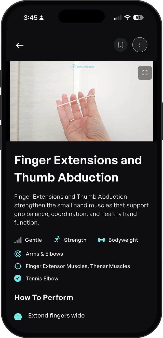 Finger Extensions and Thumb Abduction exercise screen in the Sporty Doctor app for tennis elbow