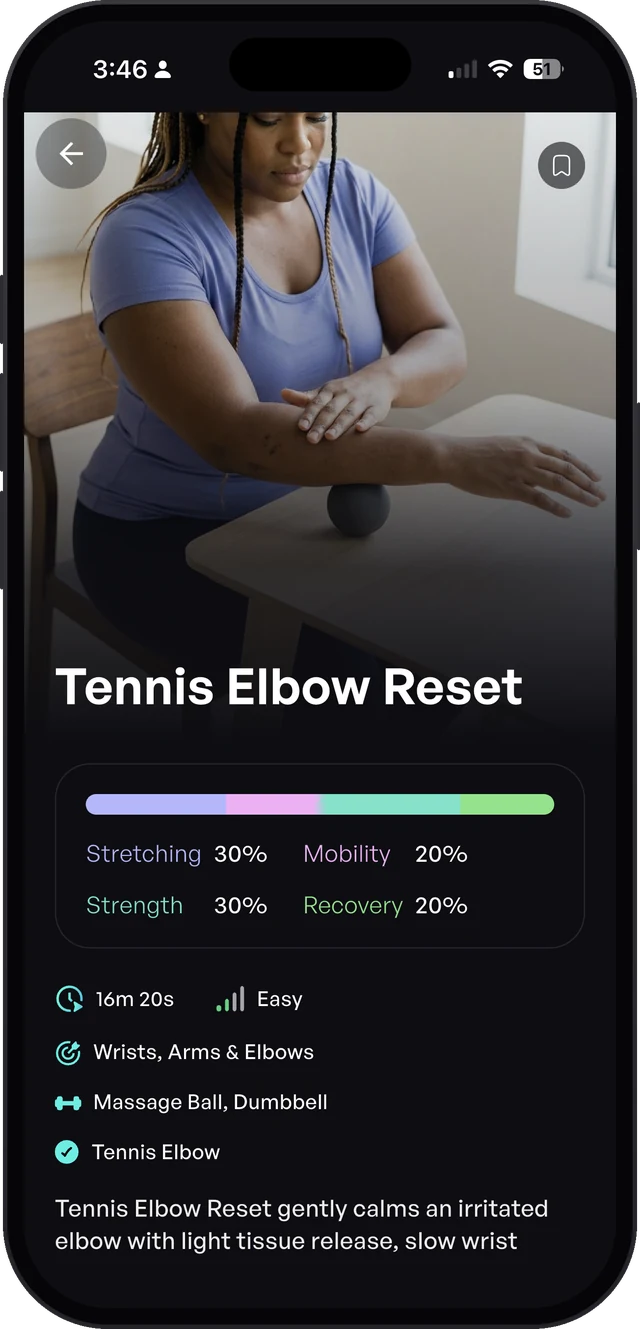 Tennis Elbow Reset workout screen in the Sporty Doctor app with stretching, mobility, strength and recovery mix