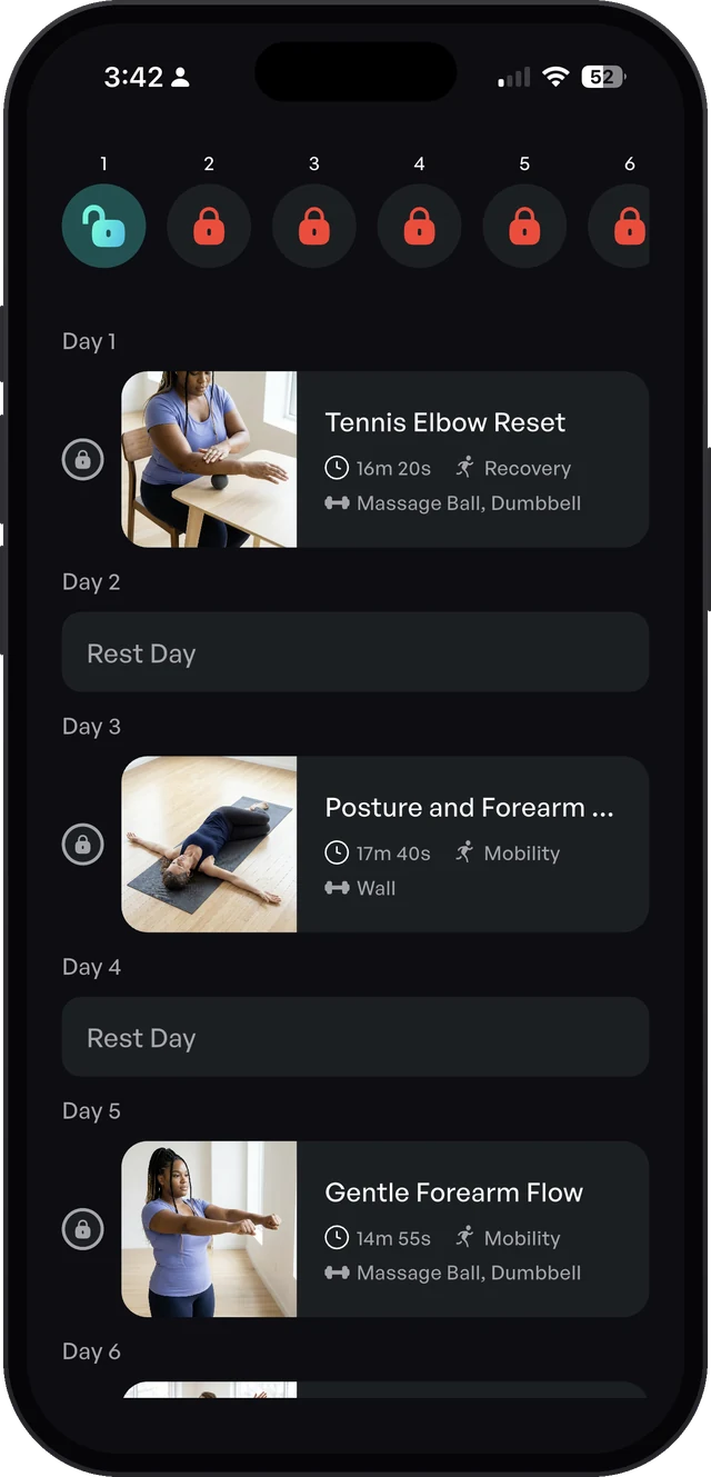 Tennis Elbow Recovery Protocol Week 1 schedule in the Sporty Doctor app with daily workouts and rest days